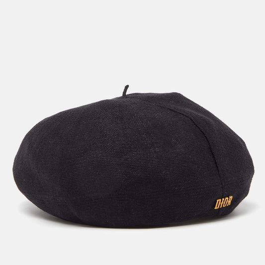DIOR Black Logo Detail Linen Beret Hat