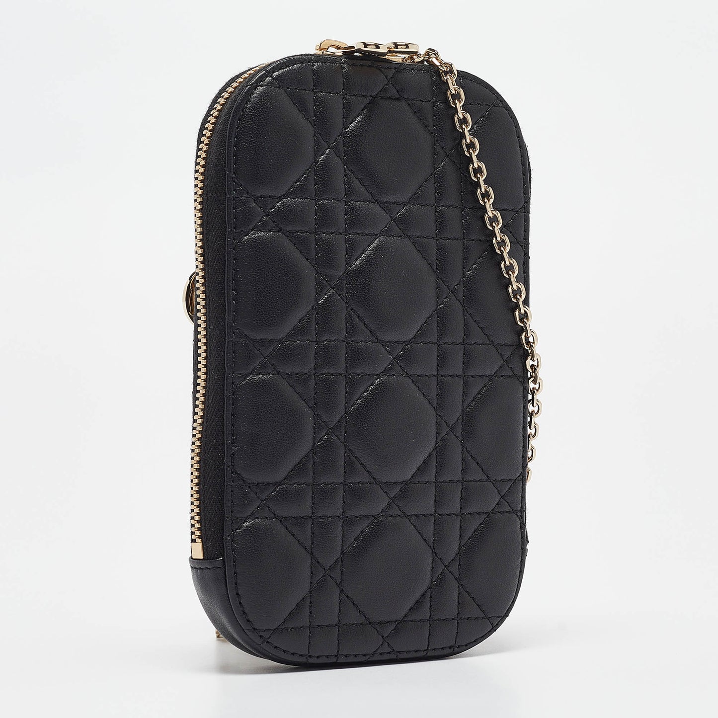 DIOR Black Cannage Leather Lady  Phone Holder with Chain