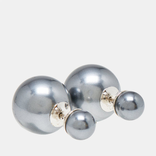DIOR Mise en  Tribales Grey Faux Pearl Silver Tone Stud Earrings