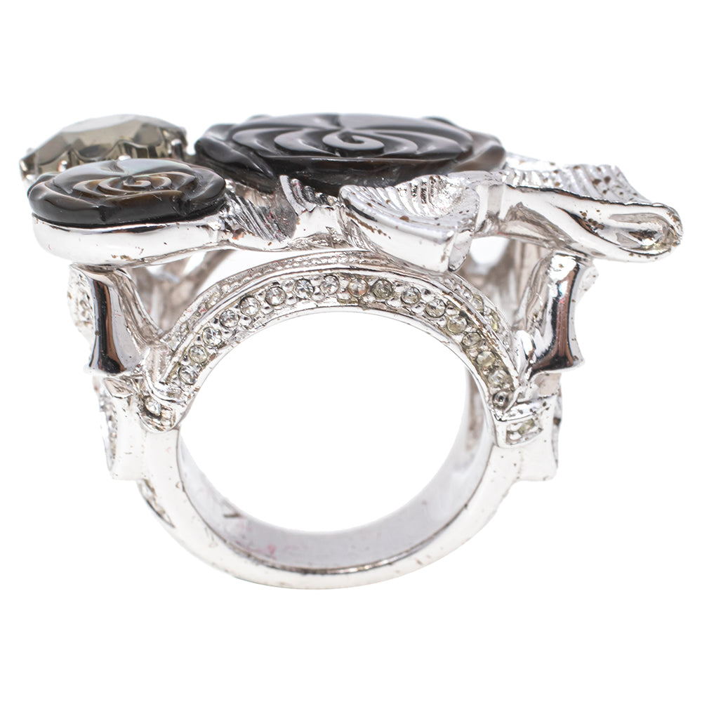 DIOR Silver Tone Crystal Bow Detail Cocktail Ring Size 54