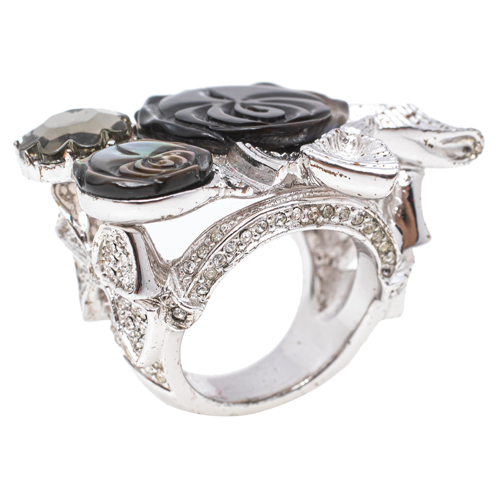 DIOR Silver Tone Crystal Bow Detail Cocktail Ring Size 54
