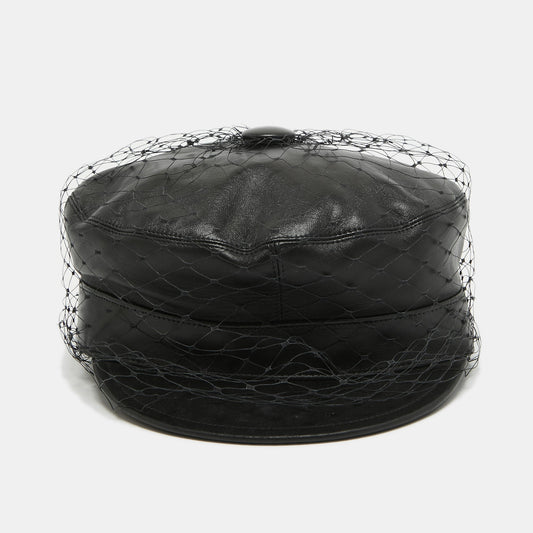 DIOR Black Leather Newsboy Veil Cap