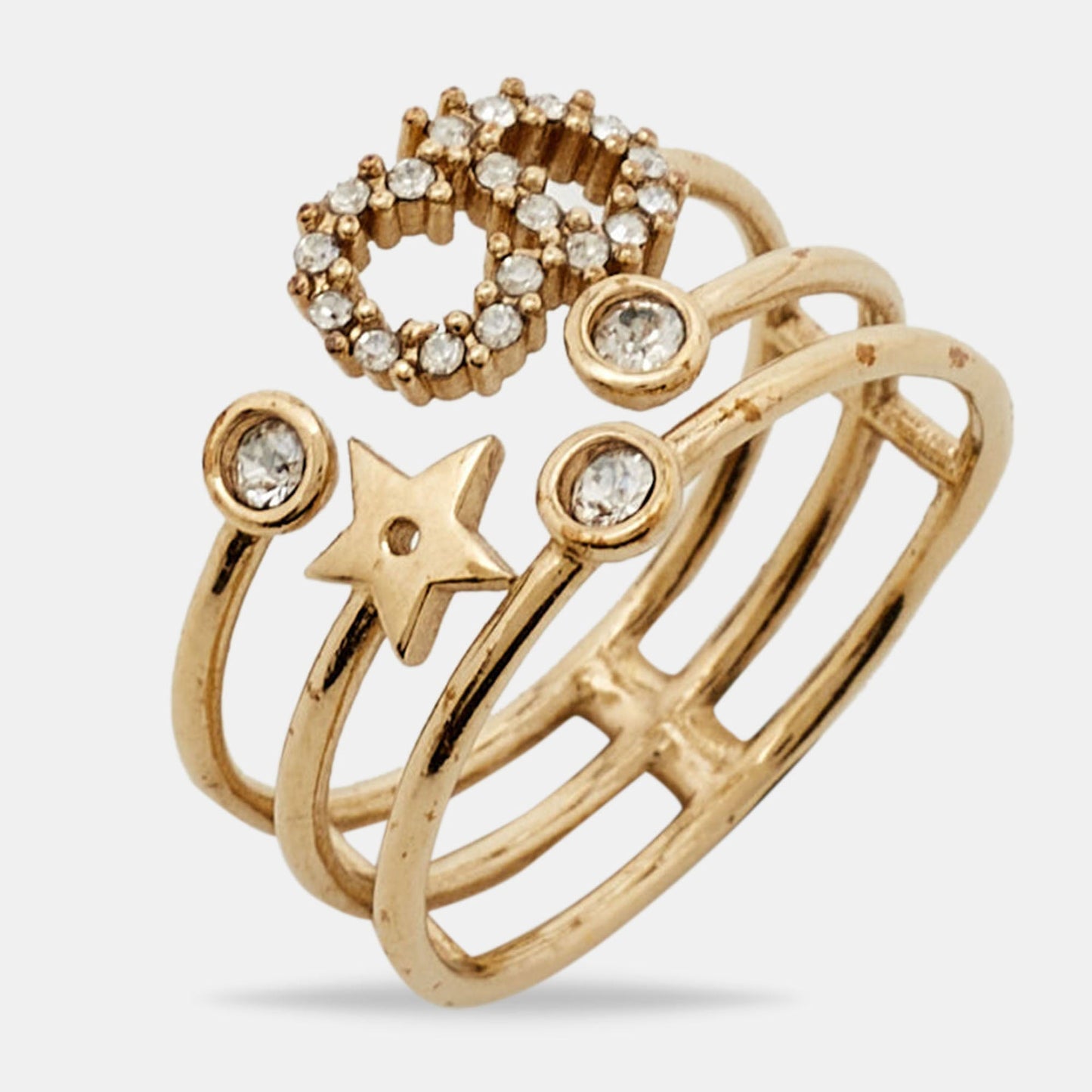 DIOR CD Crystals Gold Tone Metal Ring Size 54