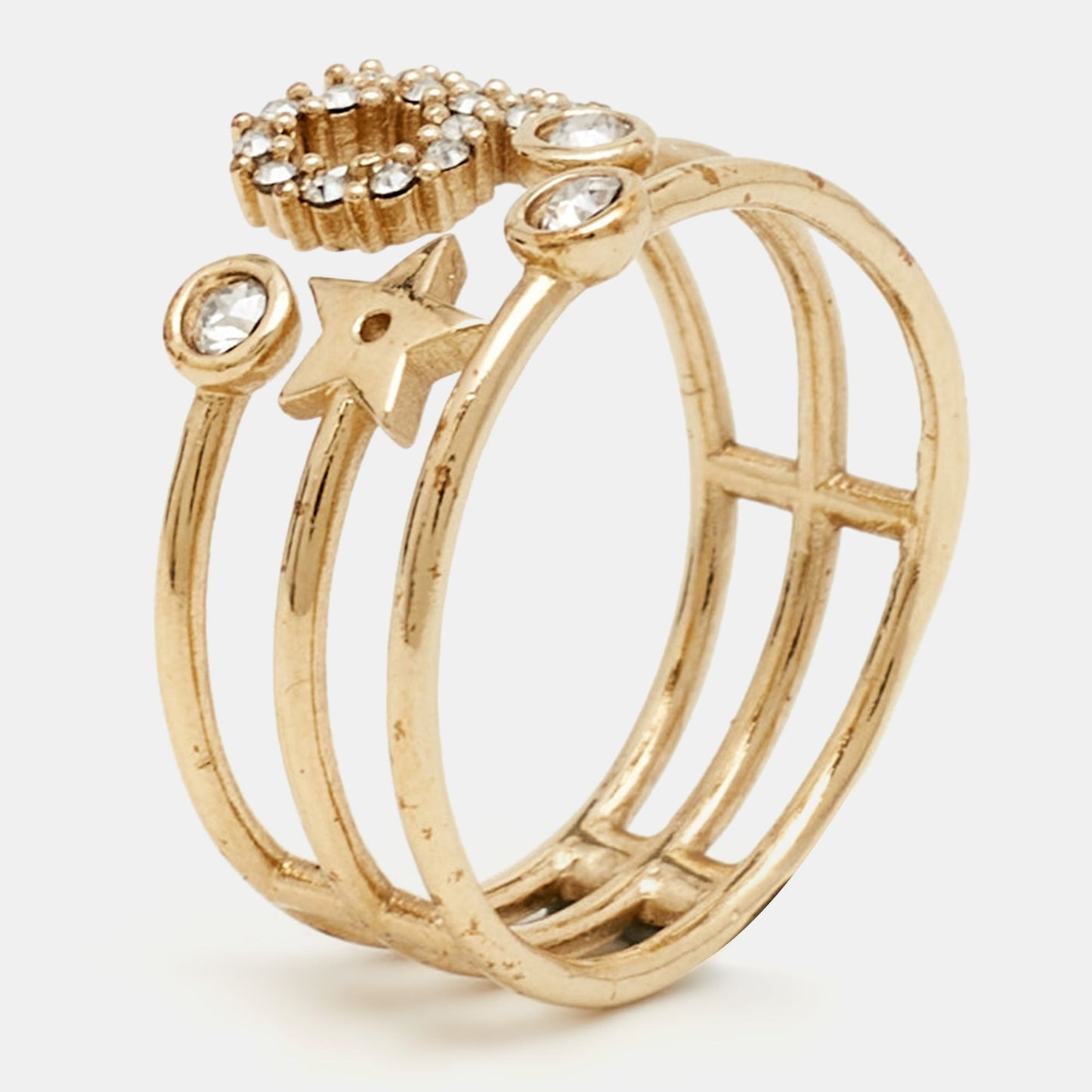DIOR CD Crystals Gold Tone Metal Ring Size 54