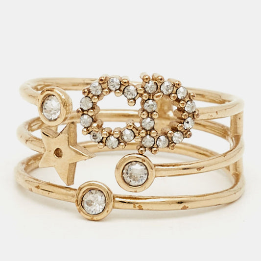 DIOR CD Crystals Gold Tone Metal Ring Size 54