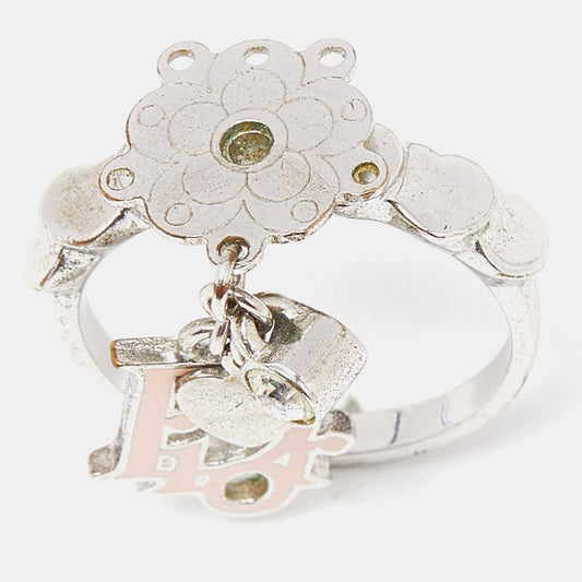 DIOR Bague Enamel Crystal Silver Tone Charm Ring Size 52
