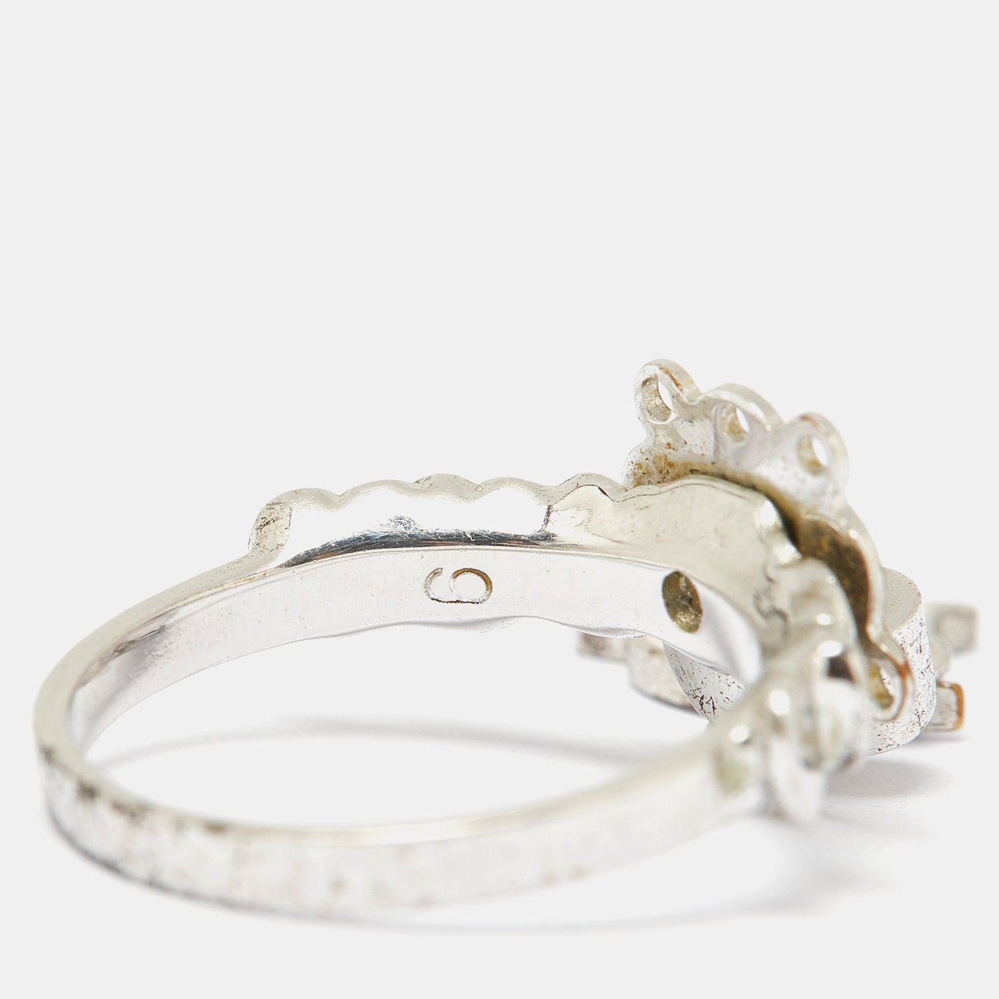 DIOR Bague Enamel Crystal Silver Tone Charm Ring Size 52