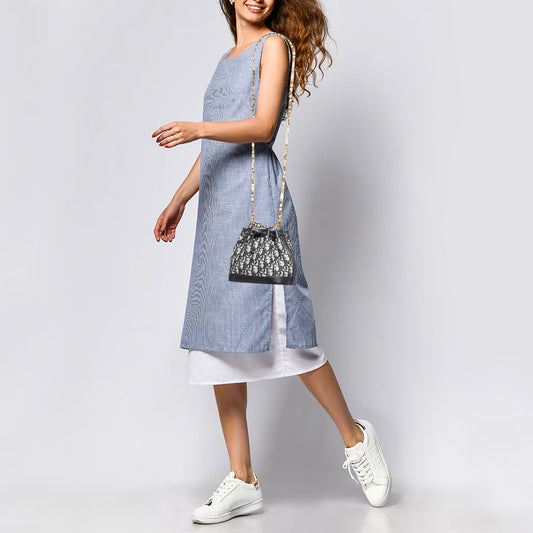 DIOR Navy Blue Oblique Canvas and Leather Drawstring Chain Bucket Bag