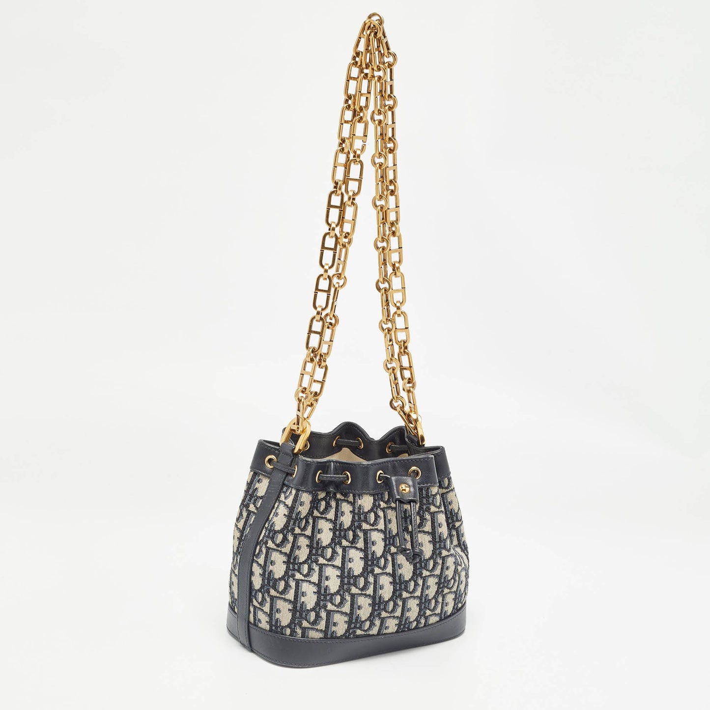 DIOR Navy Blue Oblique Canvas and Leather Drawstring Chain Bucket Bag