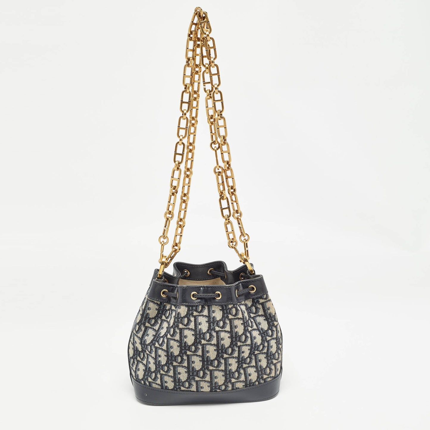 DIOR Navy Blue Oblique Canvas and Leather Drawstring Chain Bucket Bag