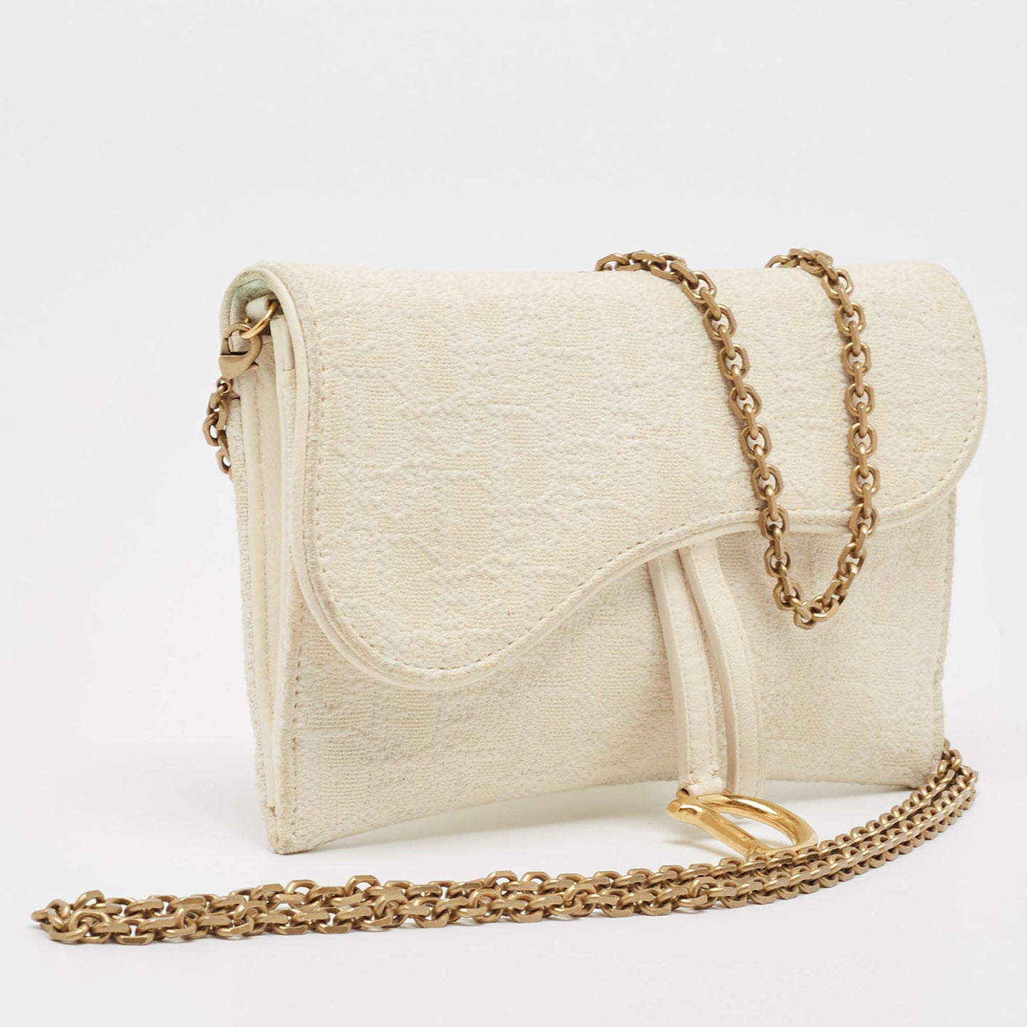 DIOR Off White Oblique Canvas and Leather Saddle Wallet on Chain