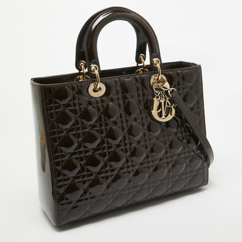 DIOR Dark Brown Cannage Patent Leather Large Lady  Tote
