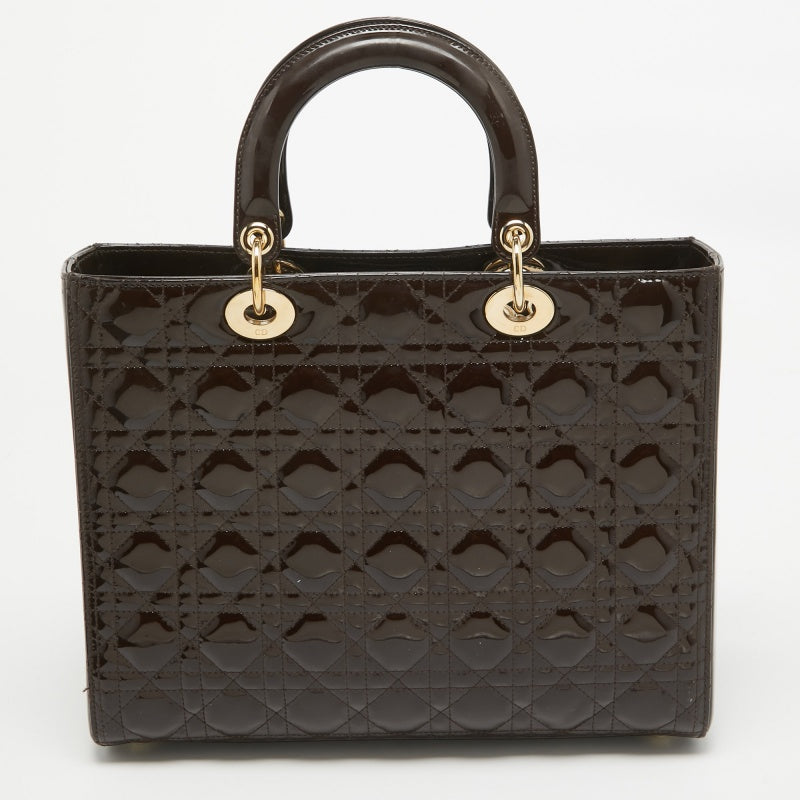 DIOR Dark Brown Cannage Patent Leather Large Lady  Tote