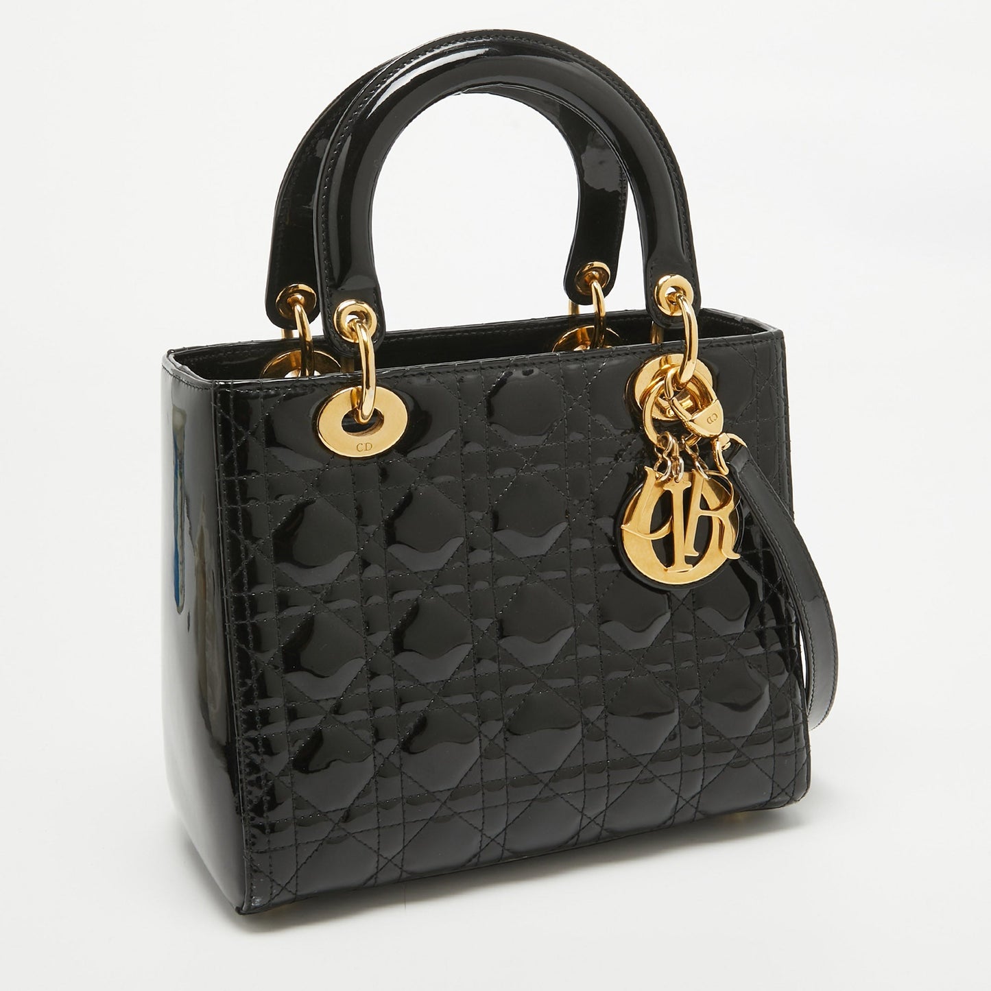 DIOR Black Cannage Patent Leather Medium Lady  Tote