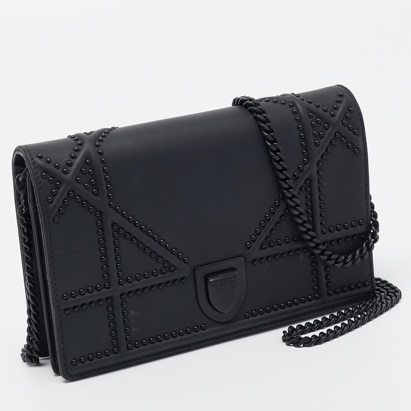 DIOR Matte Black Leather Studded ama Wallet on Chain