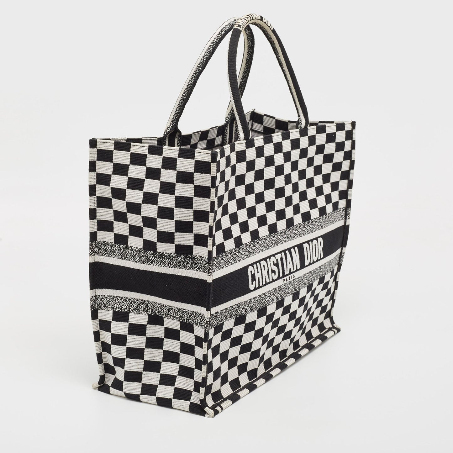 DIOR Black/White Checkered Embroidered Canvas Large Book Tote