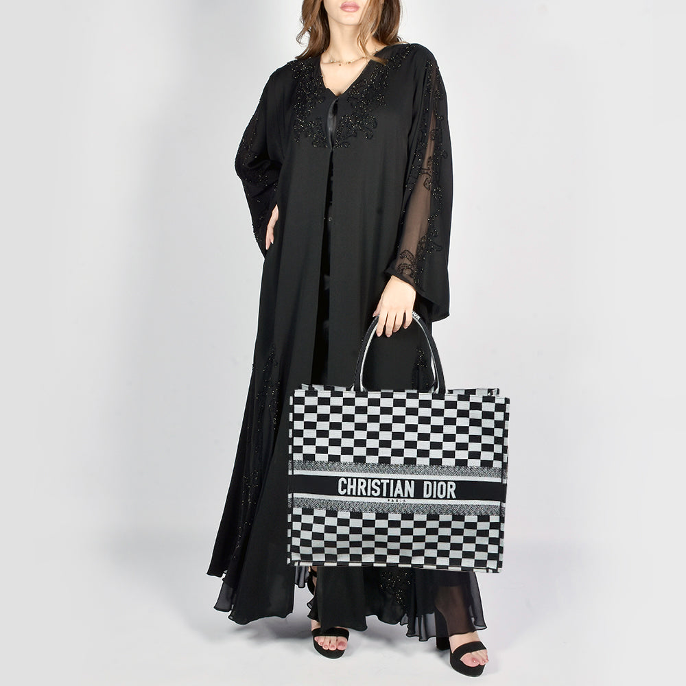 DIOR Black/White Checkered Embroidered Canvas Large Book Tote