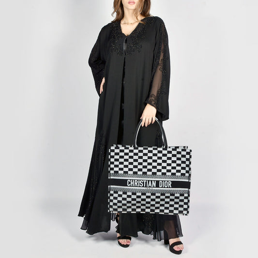 DIOR Black/White Checkered Embroidered Canvas Large Book Tote