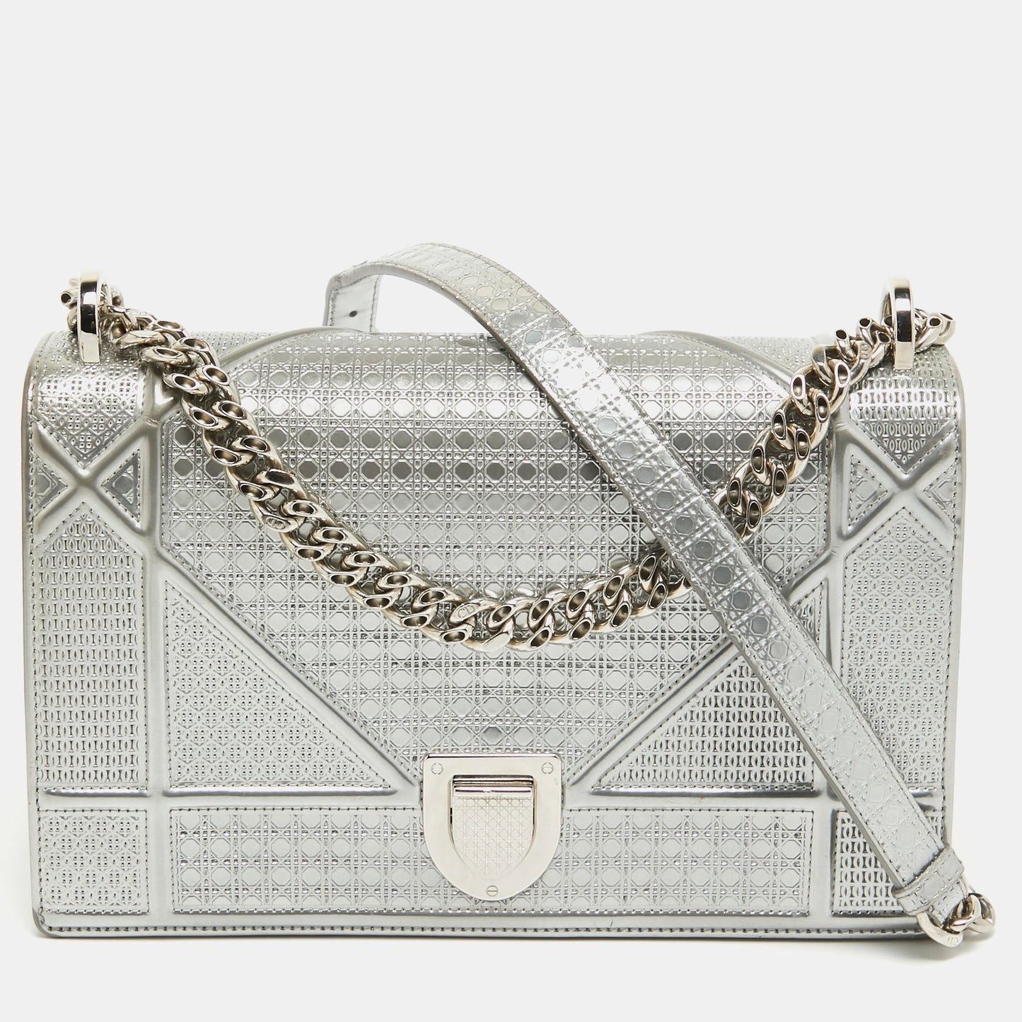 DIOR Silver Microcannage Patent Leather Medium ama Flap Shoulder Bag