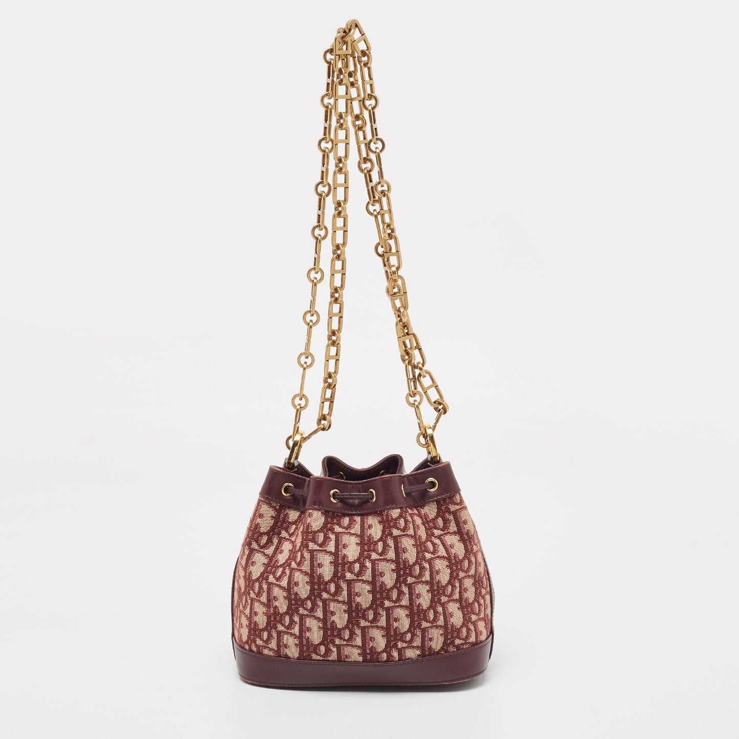 DIOR Burgundy Oblique Canvas and Leather Drawstring Chain Bucket Bag