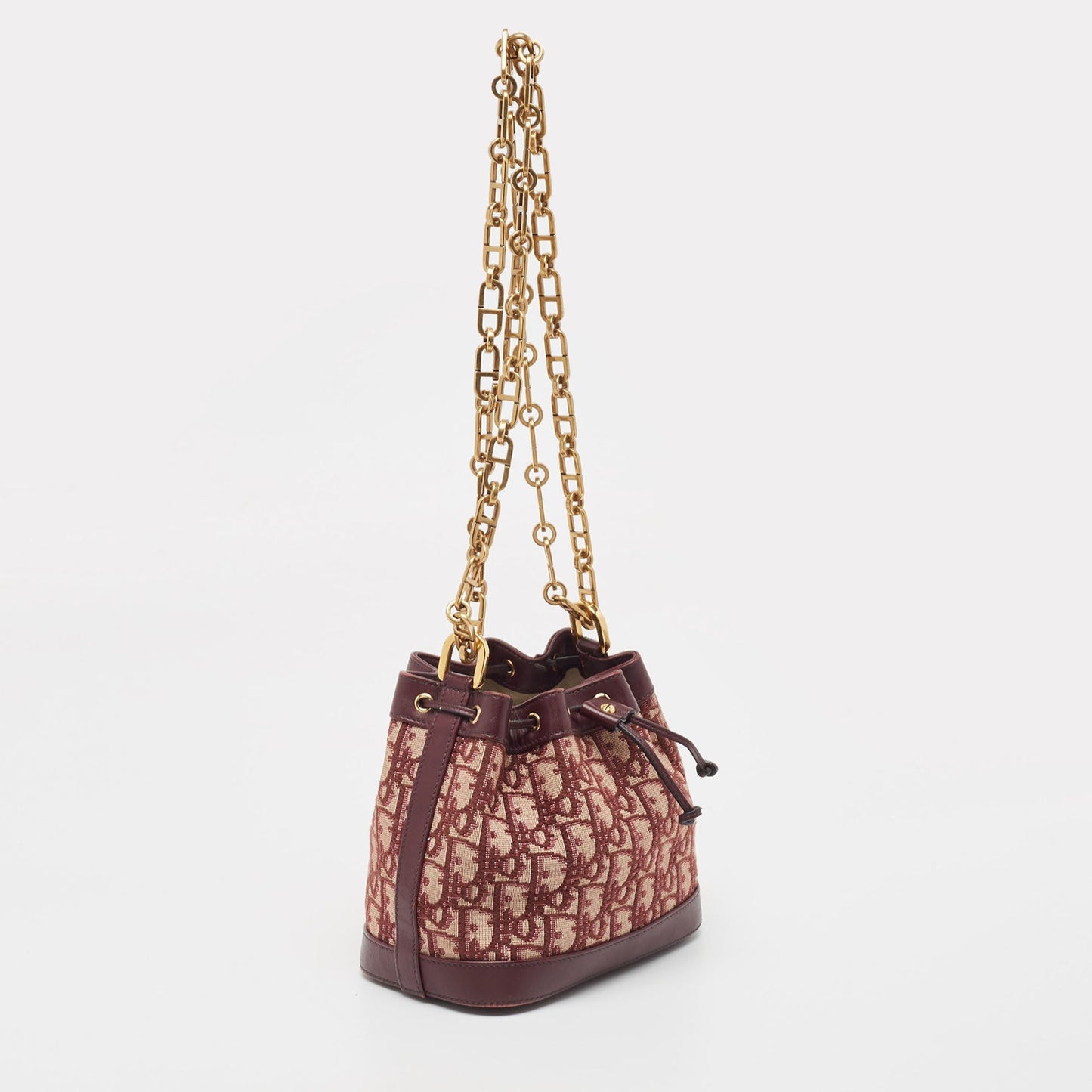 DIOR Burgundy Oblique Canvas and Leather Drawstring Chain Bucket Bag