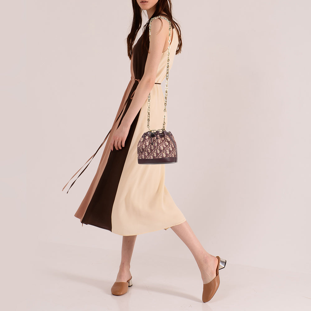 DIOR Burgundy Oblique Canvas and Leather Drawstring Chain Bucket Bag