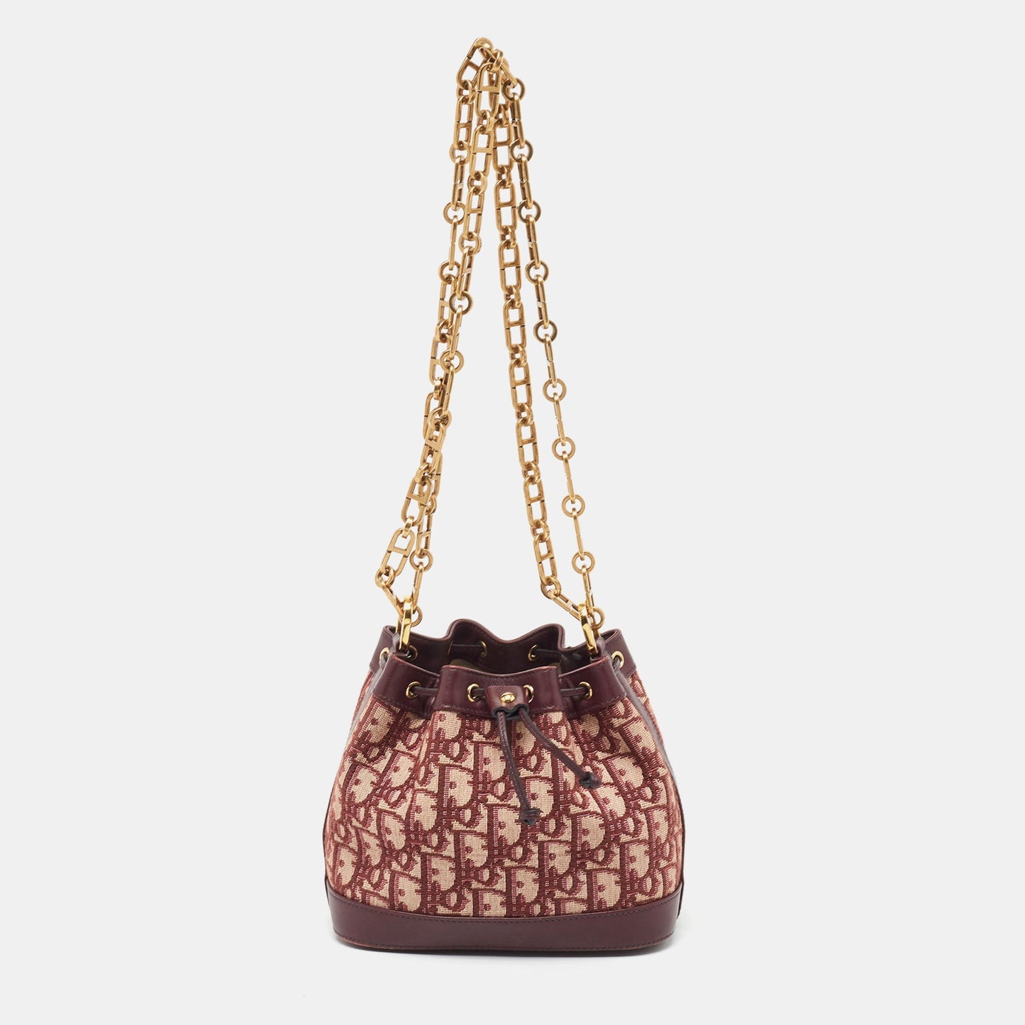 DIOR Burgundy Oblique Canvas and Leather Drawstring Chain Bucket Bag