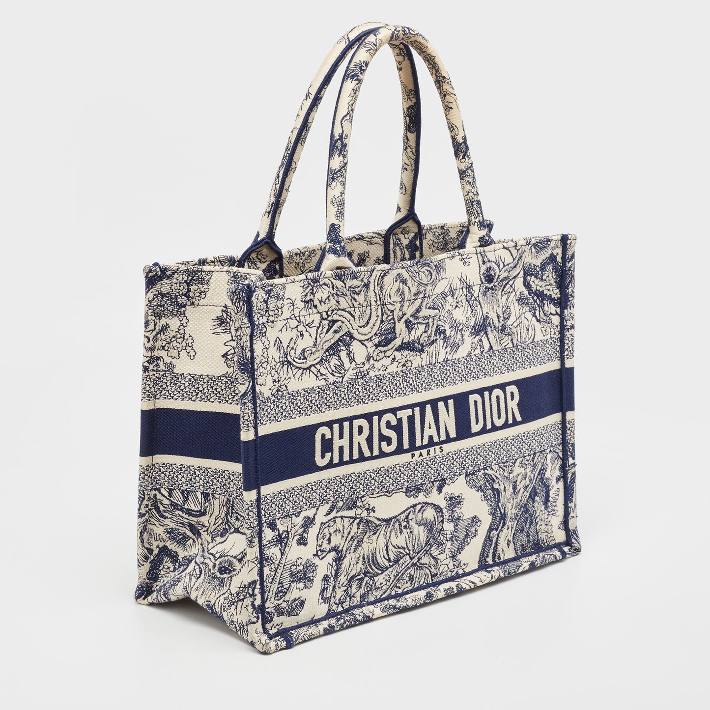 DIOR Navy Blue/White Toile De Jouy Embroidery Canvas Medium Book Tote