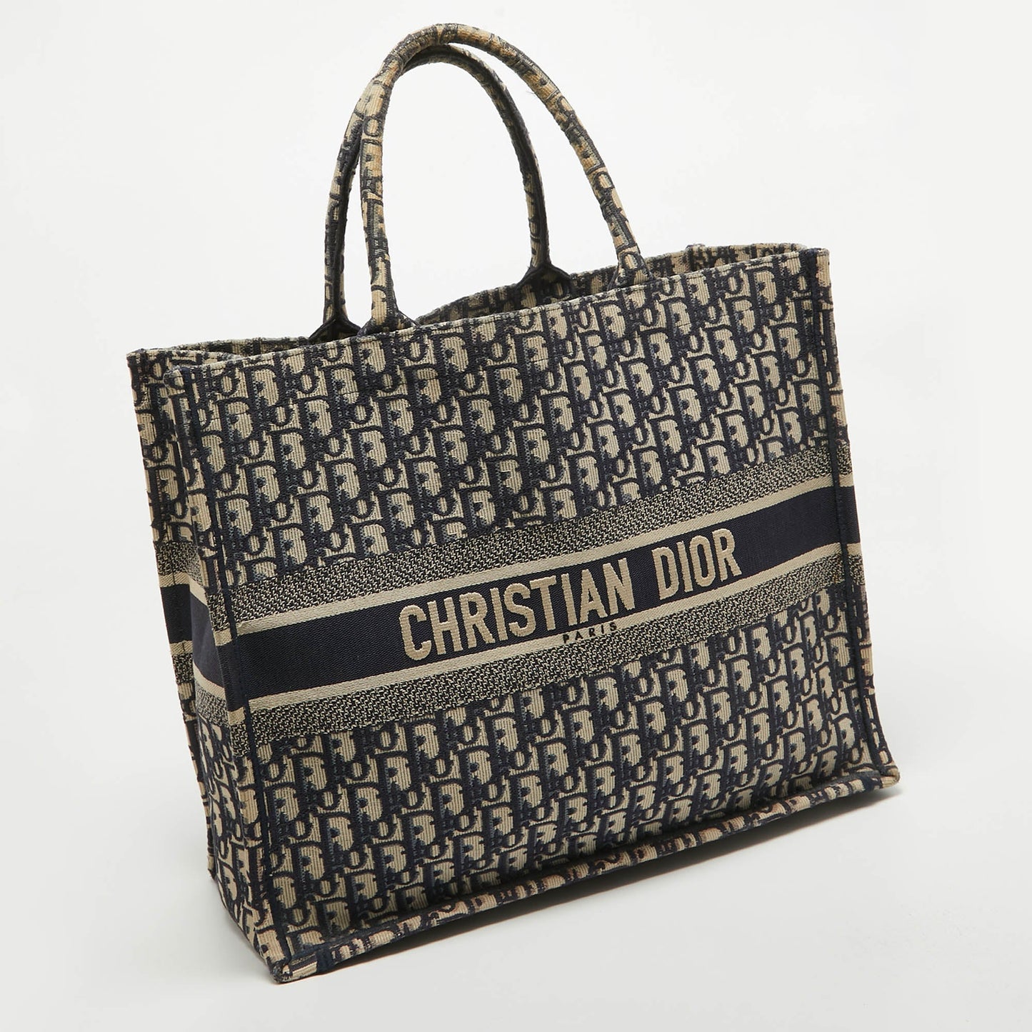 DIOR Navy Blue Oblique Embroidered Canvas Large Book Tote