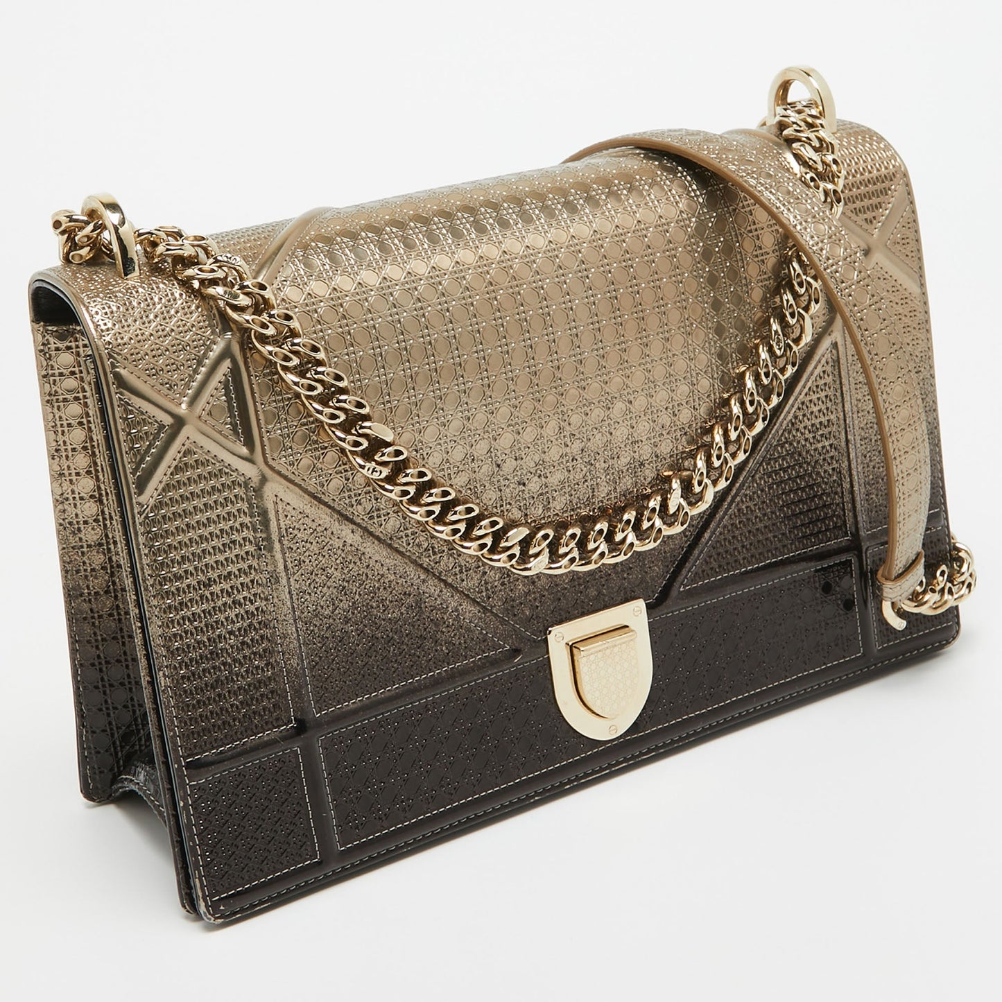 DIOR Gold/Dark Brown Ombre Micro Cannage Patent Leather Large ama Flap Shoulder Bag
