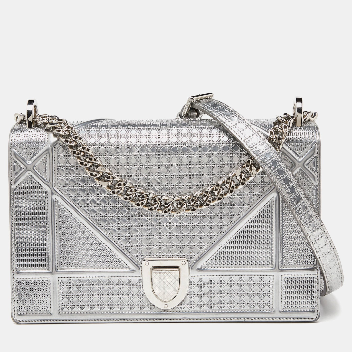 DIOR Silver Microcannage Patent Leather Medium ama Flap Shoulder Bag