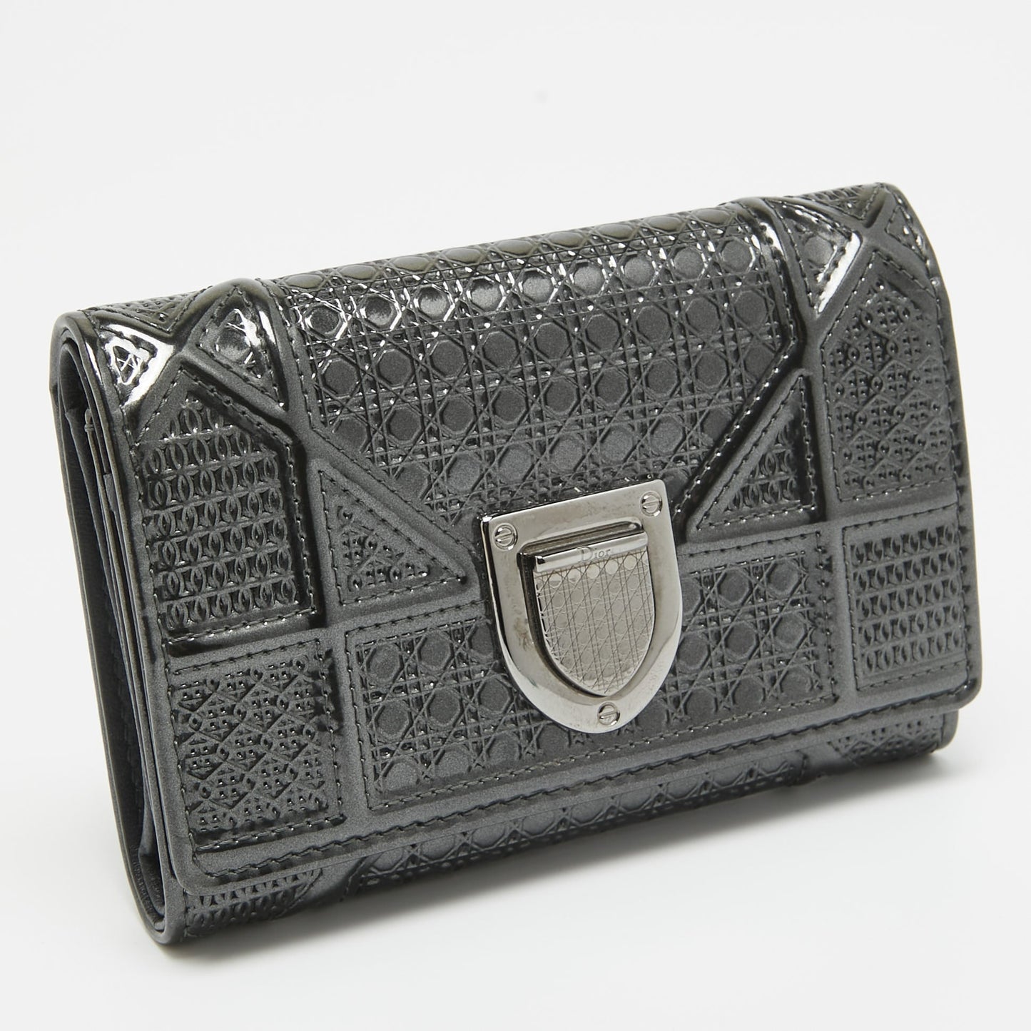DIOR Grey Microcannage Patent Leather ama Trifold Wallet