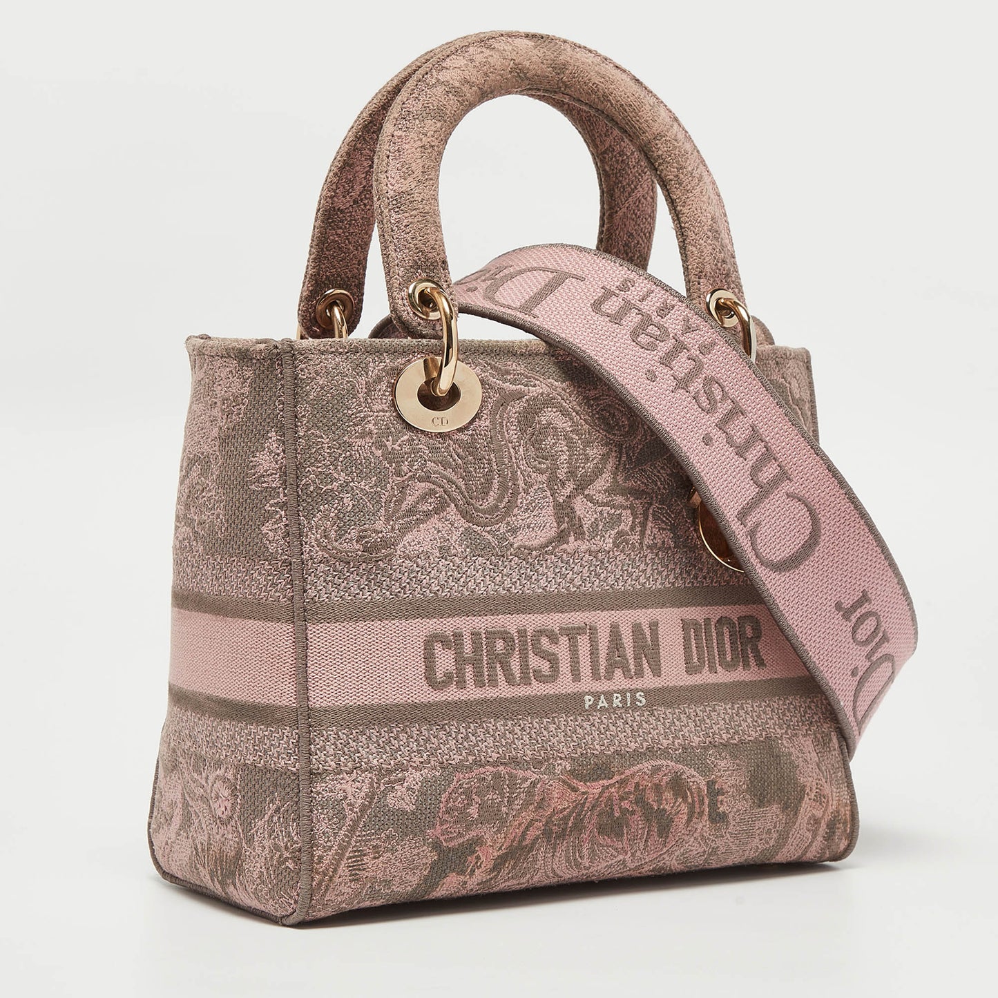 DIOR Pink/Grey Embroidered Canvas Medium Lady D-Lite Tote