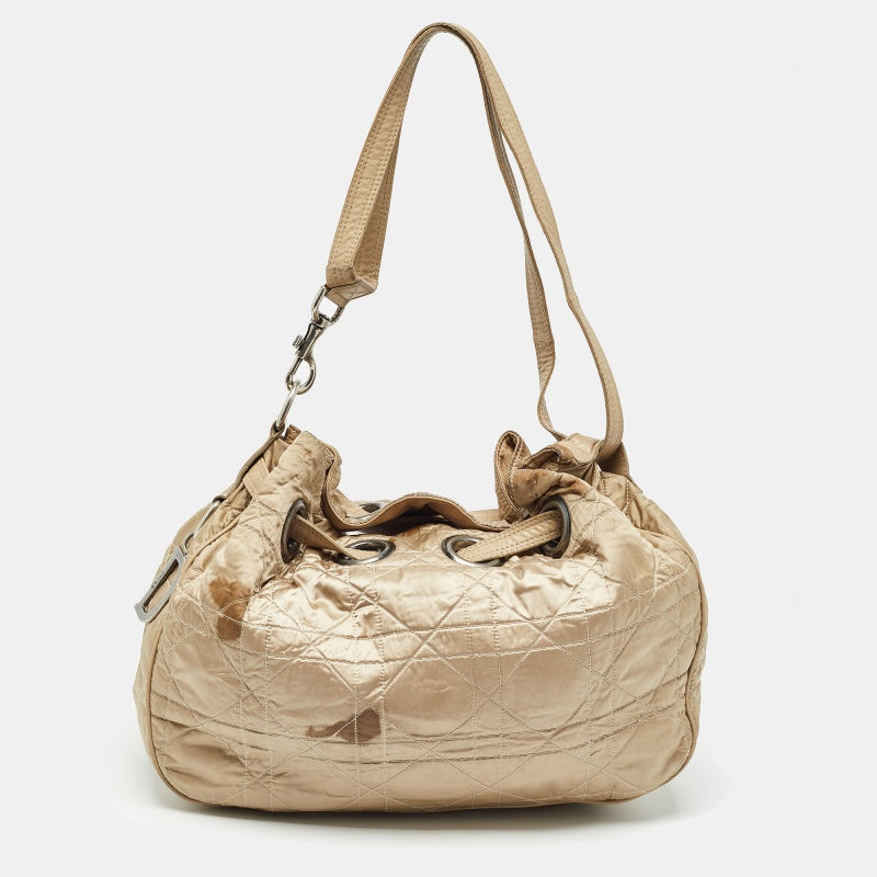 DIOR Beige Cannage Nylon and Leather Drawstring Bag