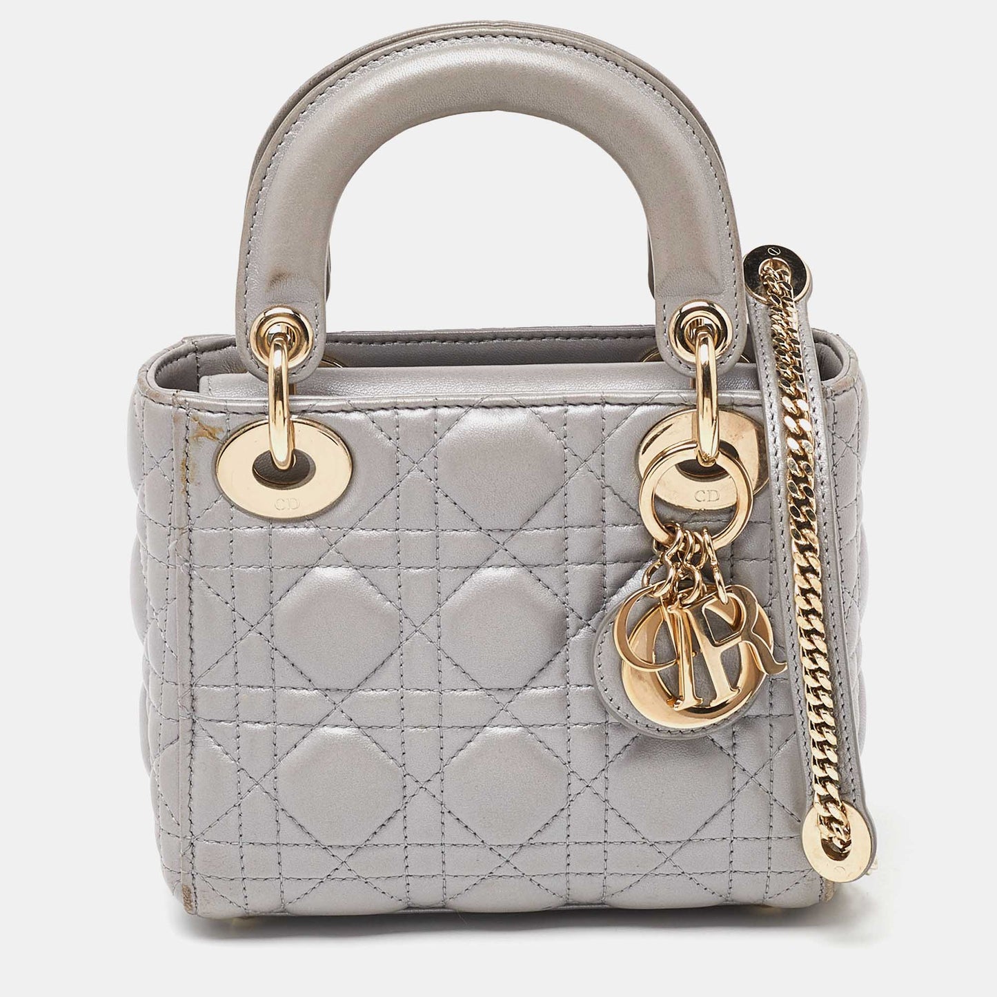 DIOR Grey Cannage Leather Mini Chain Lady  Tote