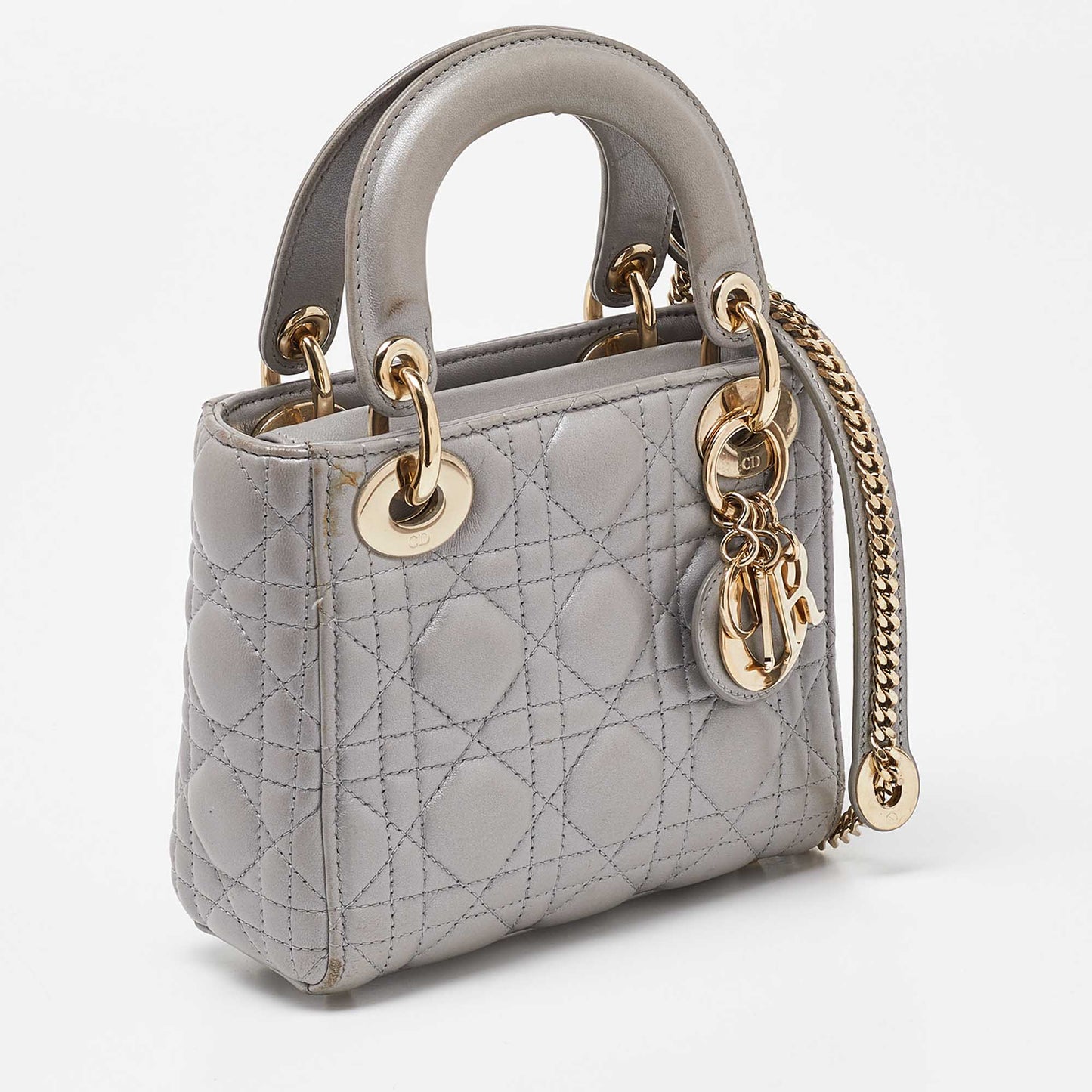 DIOR Grey Cannage Leather Mini Chain Lady  Tote