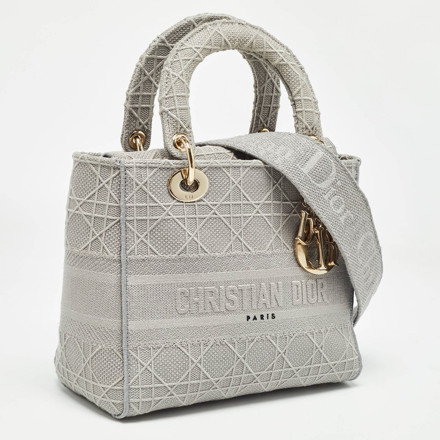 DIOR Grey Cannage Embroidered Canvas Medium Lady D-Lite Tote