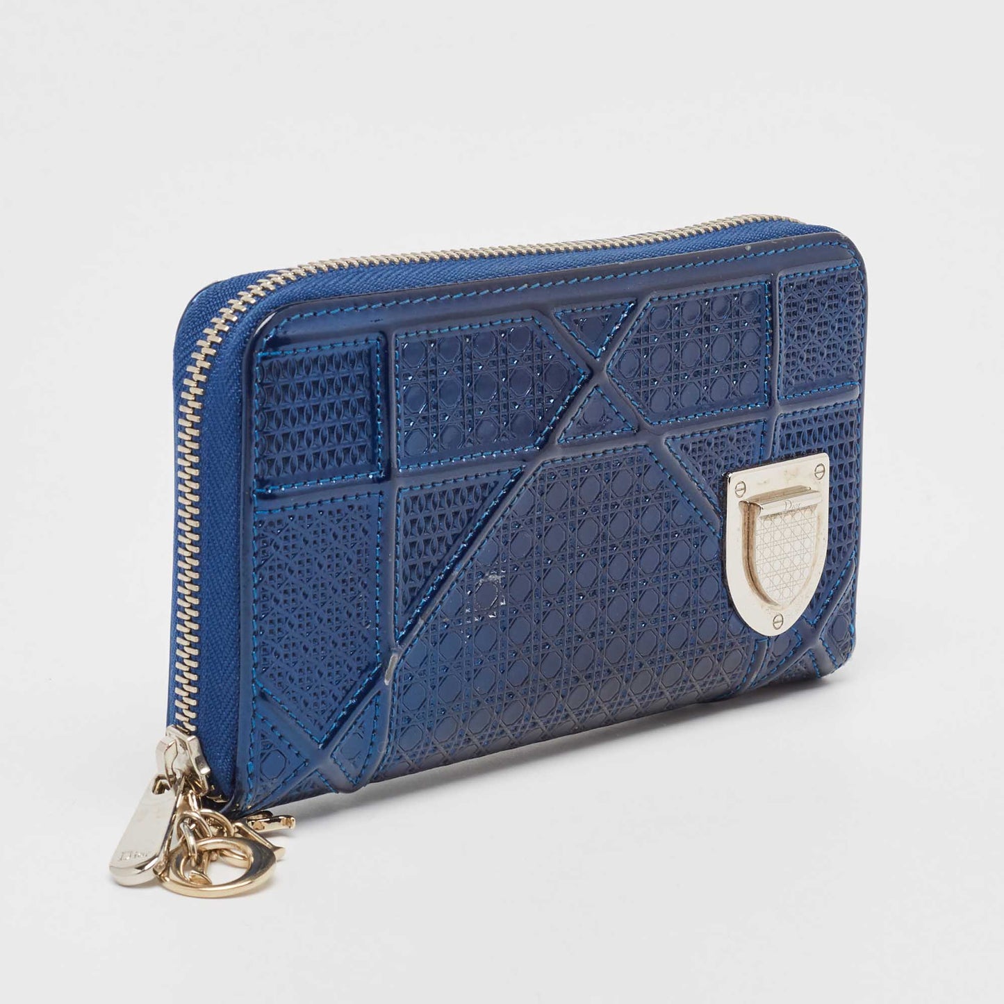 DIOR Blue Micro Cannage Patent Leather ama Zip Around Wallet