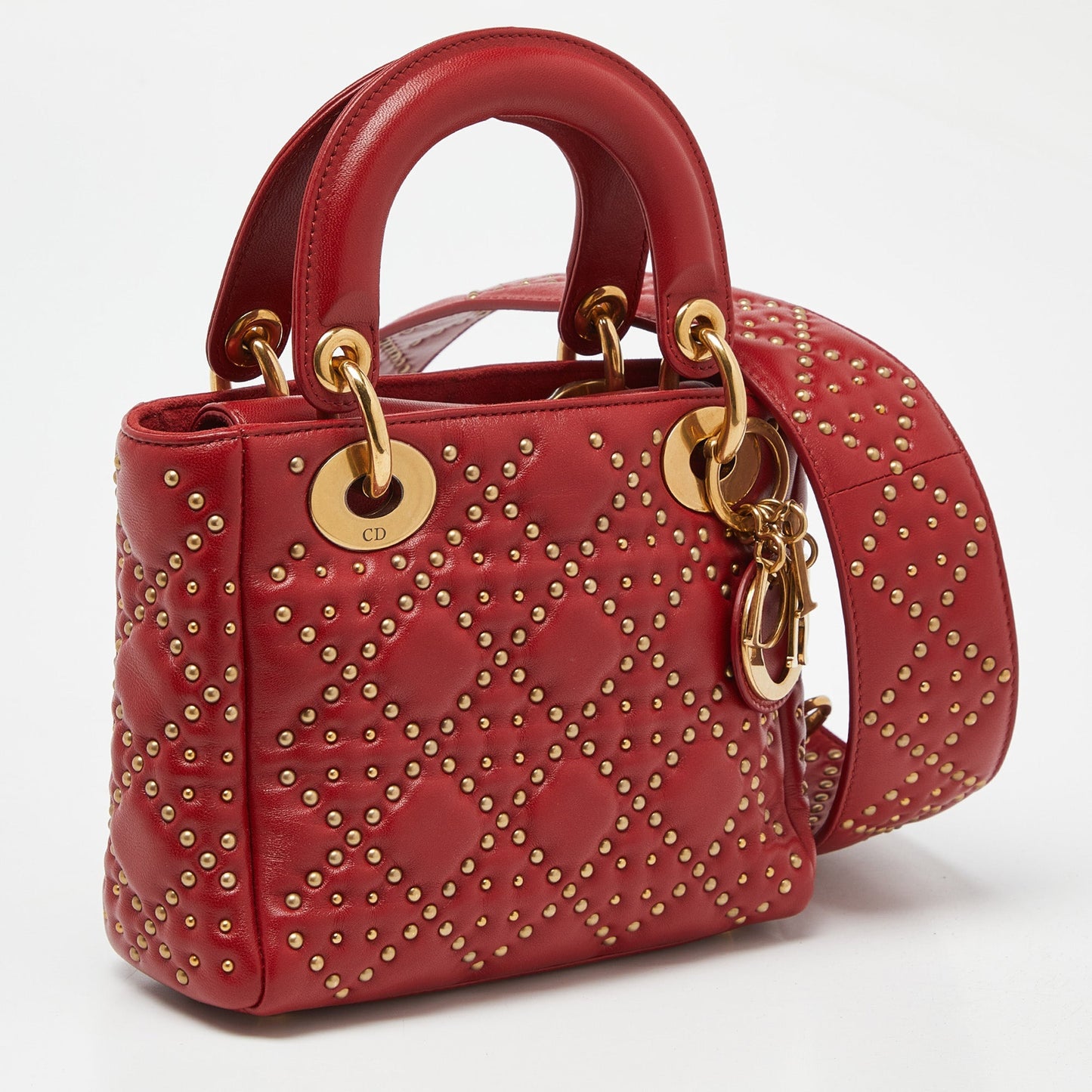 DIOR Red Leather Mini Lady  Studded Tote