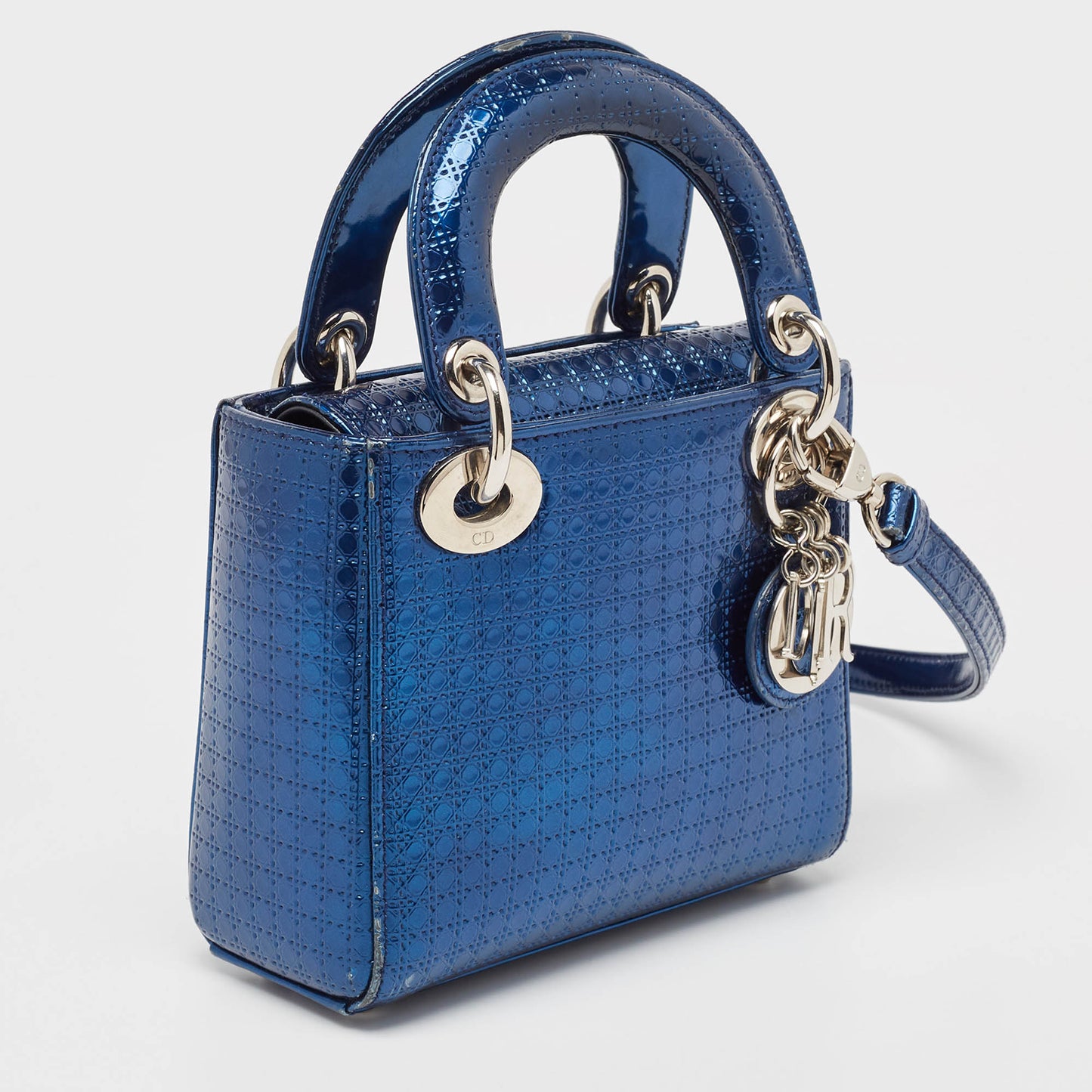 DIOR Metallic Blue Microcannage Patent Leather Mini Lady  Tote