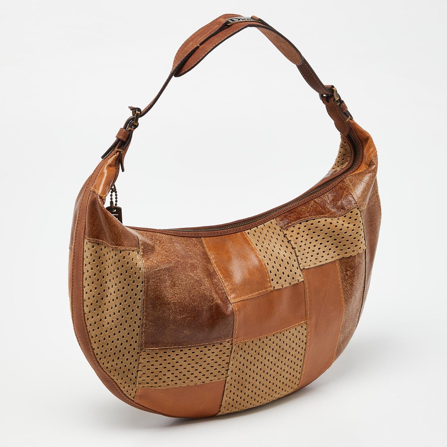 DIOR Brown Perforated Suede and Leather Patchwork Hobo