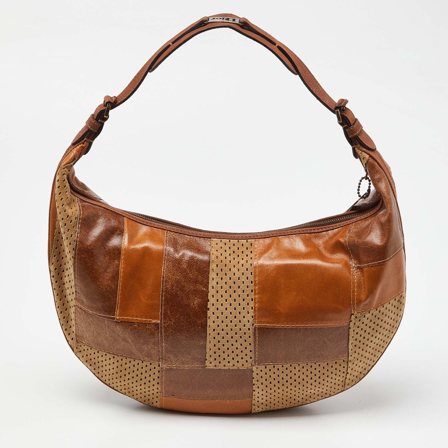 DIOR Brown Perforated Suede and Leather Patchwork Hobo