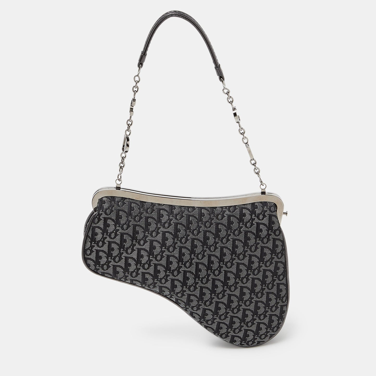 DIOR Metallic/Grey Lurex Fabric and Leather Vintage Saddle Frame Pochette