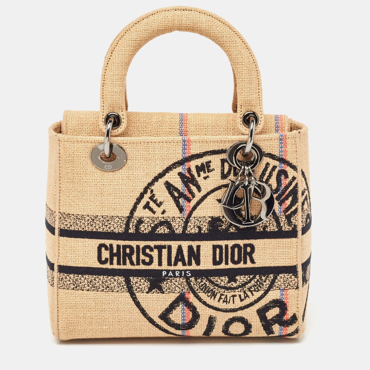 DIOR Beige Jute Union Embroidered Medium Lady D-Lite Tote