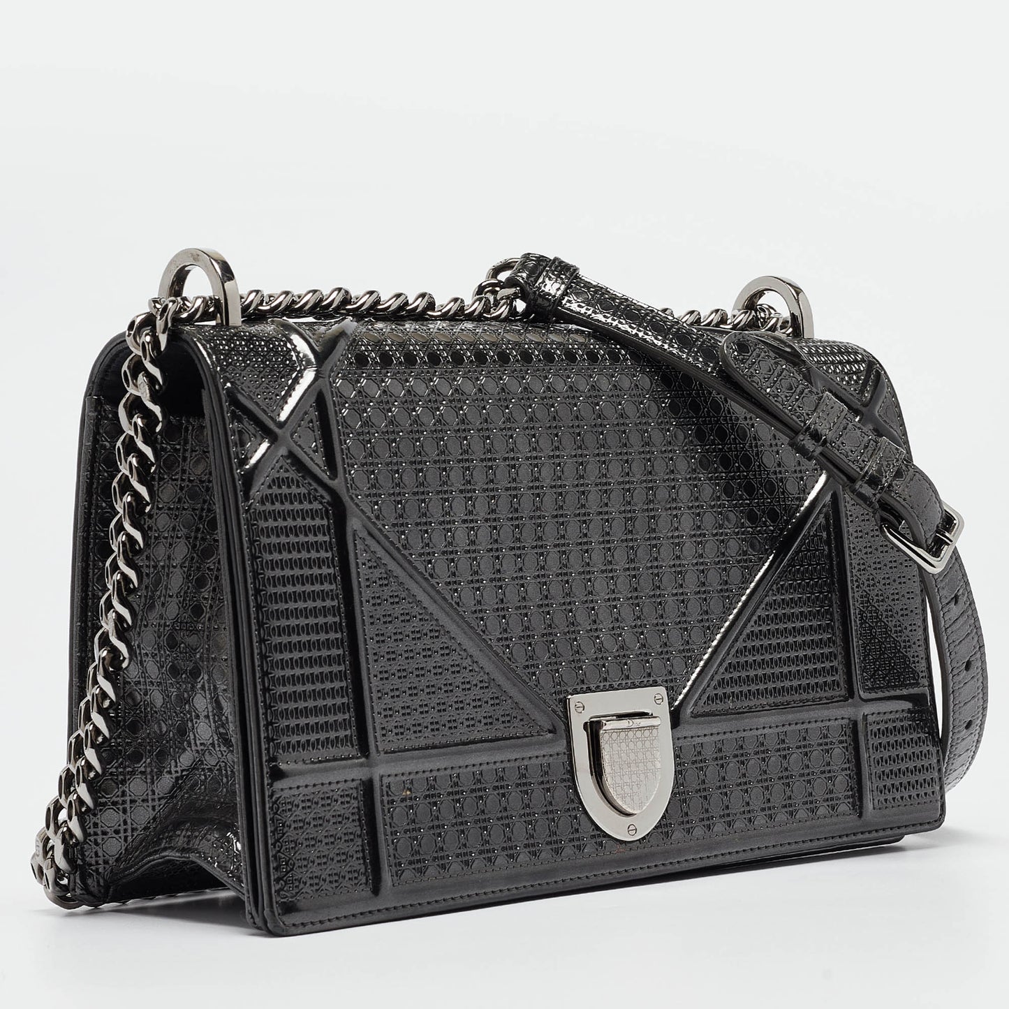 DIOR Grey Microcannage Patent Leather Medium ama Shoulder Bag
