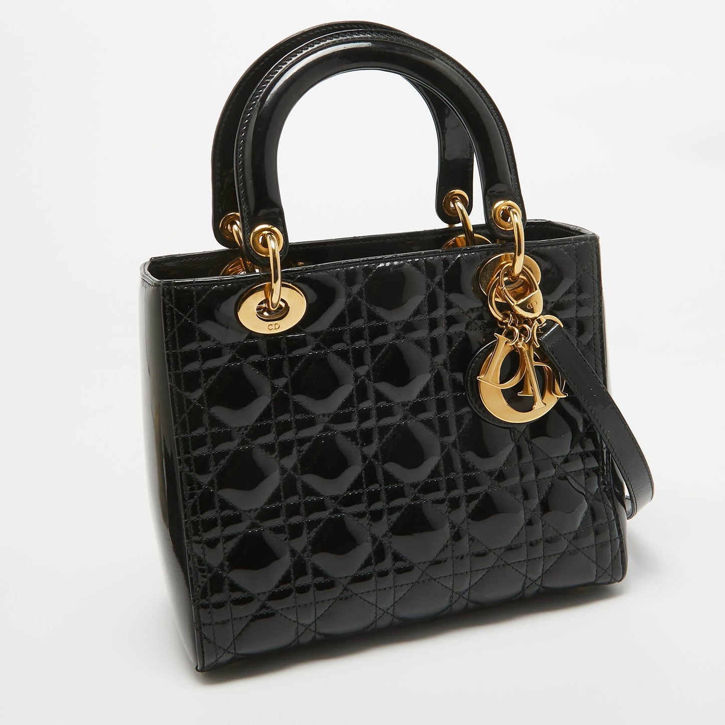 DIOR Black Cannage Patent Leather Medium Lady  Tote