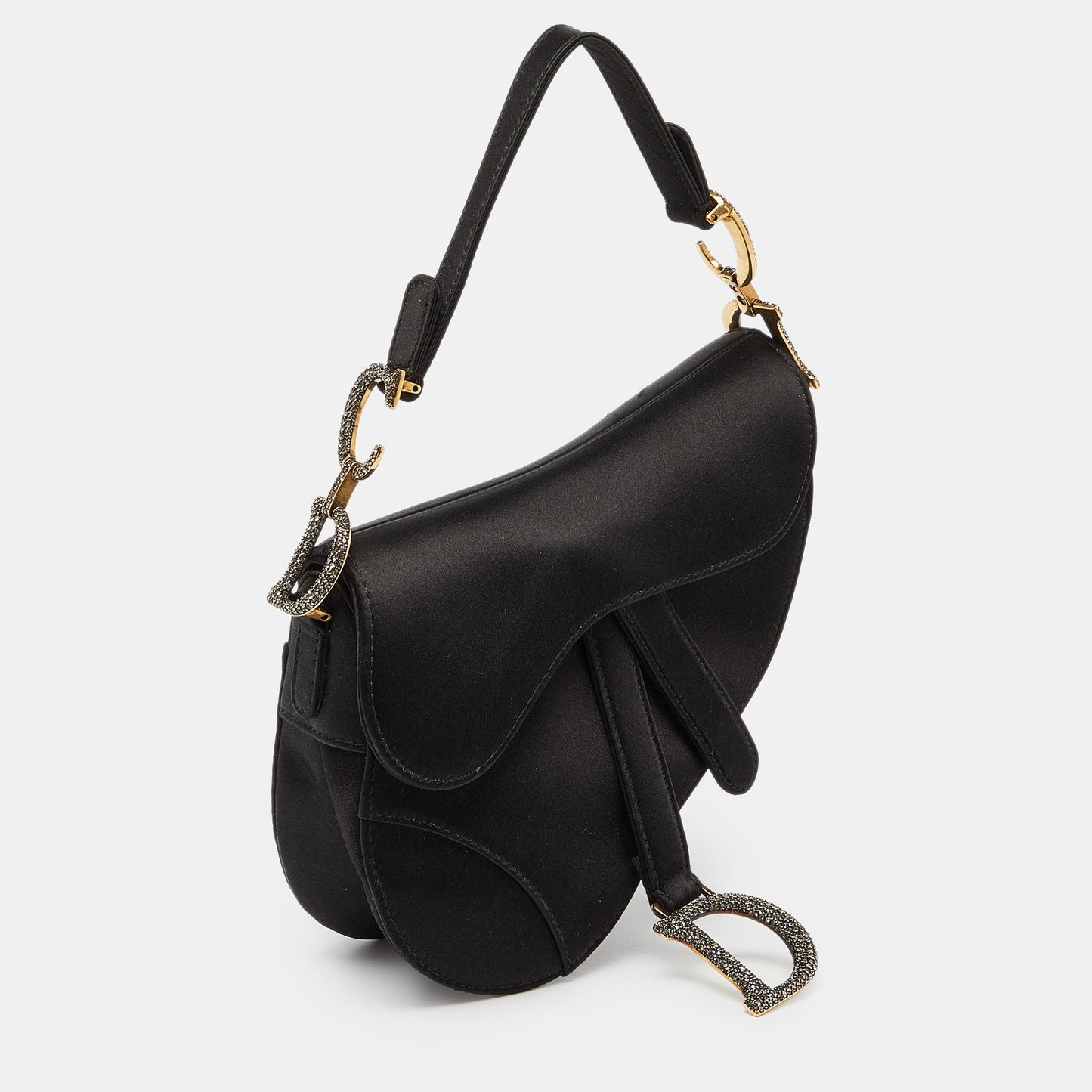 DIOR Black Satin Mini Crystal Embellished Saddle Bag