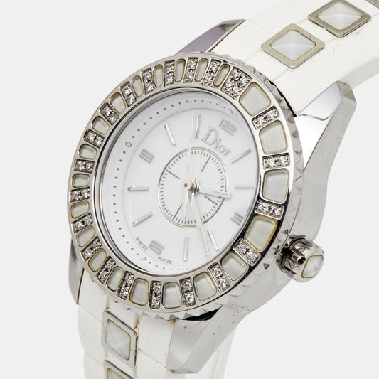 DIOR White Stainless Steel Rubber Diamonds Christal CD112113R001 Women's Wristwatch 28 mm