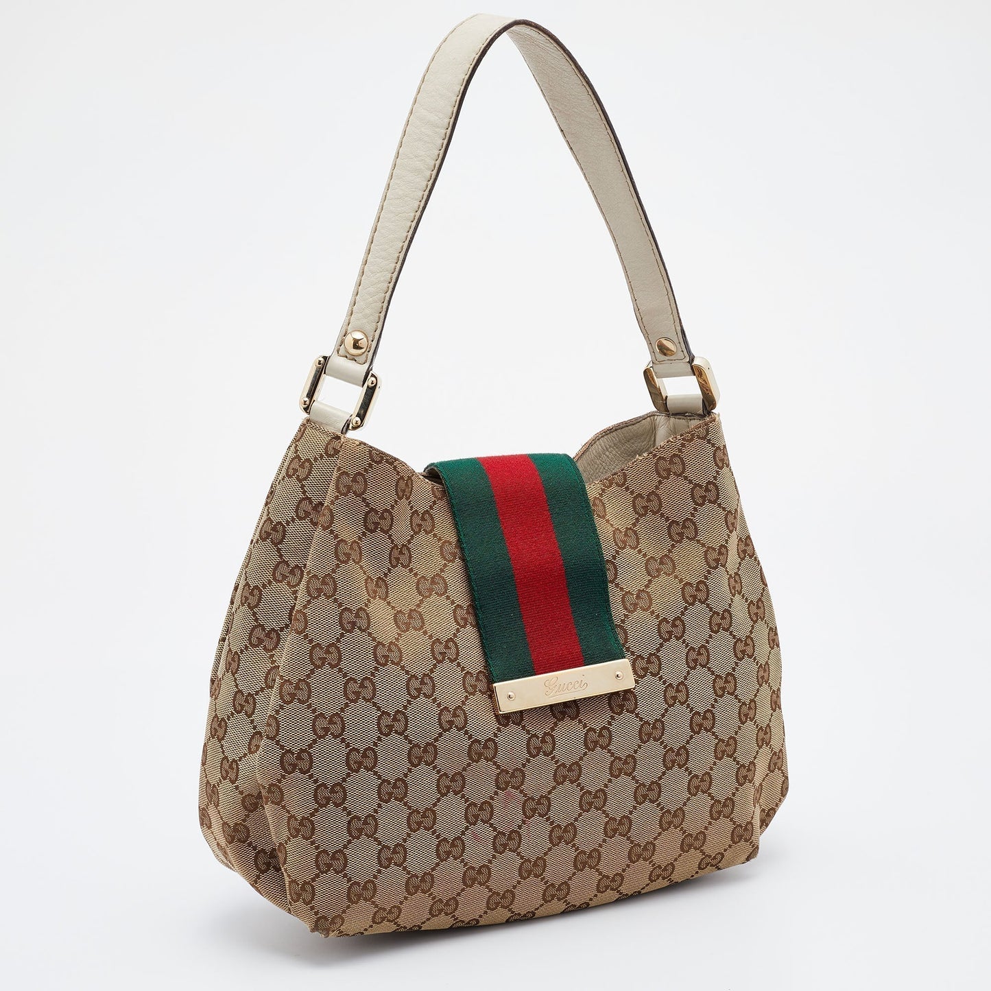 Gucci Beige/Brown GG Canvas And Leather Medium New Ladies Web Hobo