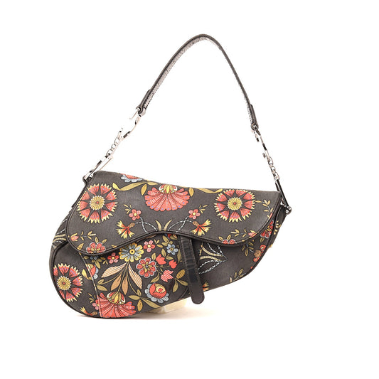 Christian Dior Black Canvas And Leather Vintage Floral Print Saddle Bag